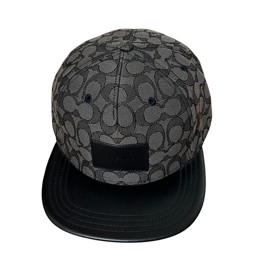 Coach Signature Jacquard Flat Brim Baseball Cap Charcoal Black Leather Logo M/L - Picture 4 of 12
